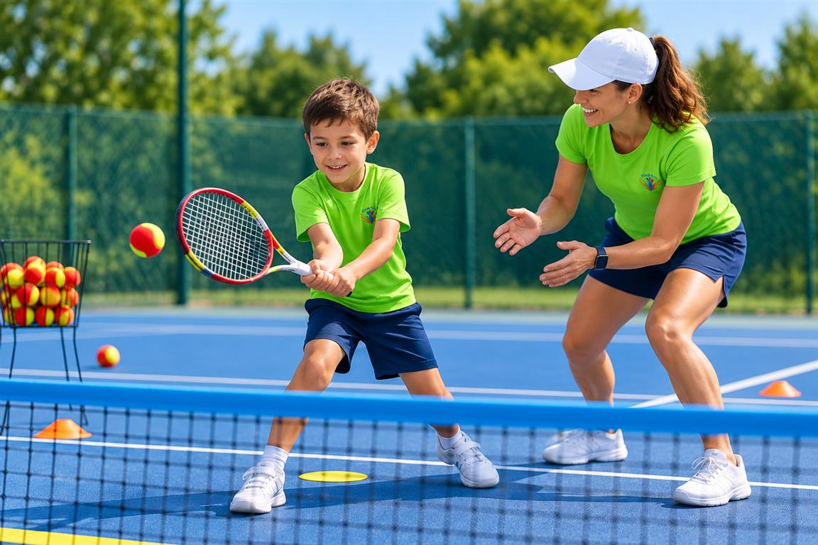 Šta je mini tenis i kako pomaže deci? Dete vežba mini tenis sa trenerom na manjem terenu i sporijom lopticom